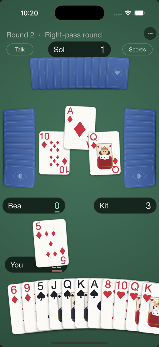 Gel Hearts mid-round: a card springs from your hand onto the trick