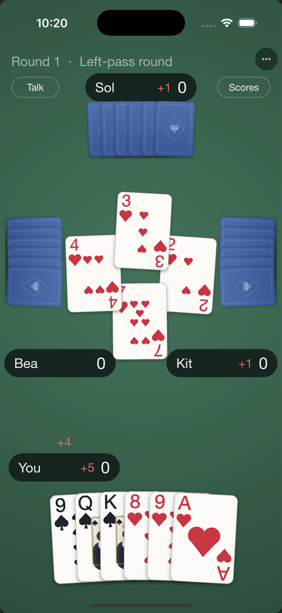 Gel Hearts trick play: four hearts land in the middle of the table